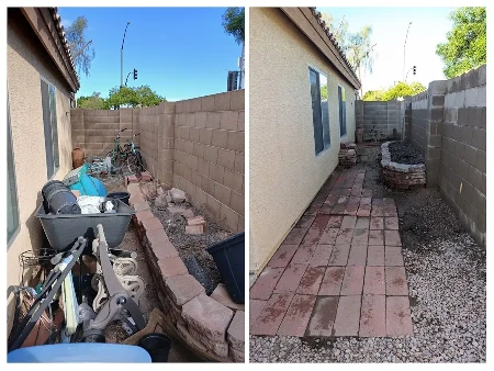 Junk Hauling side yard cleanup before and after in Mesa Arizona by Bynum Tree and Landscape